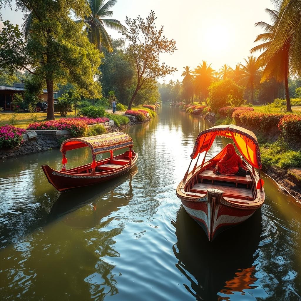 A picturesque scene featuring two vibrant traditional desi boats gently floating on a small, serene river
