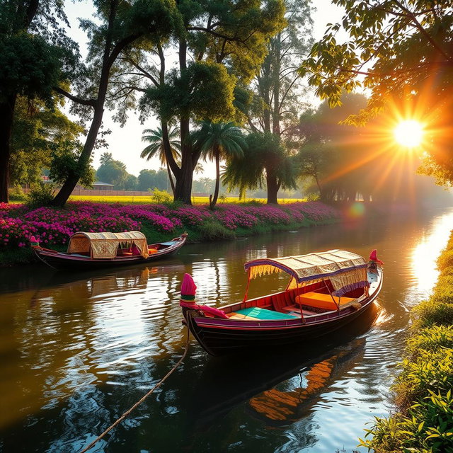 A picturesque scene featuring two vibrant traditional desi boats gently floating on a small, serene river