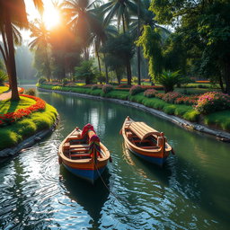 A picturesque scene featuring two vibrant traditional desi boats gently floating on a small, serene river