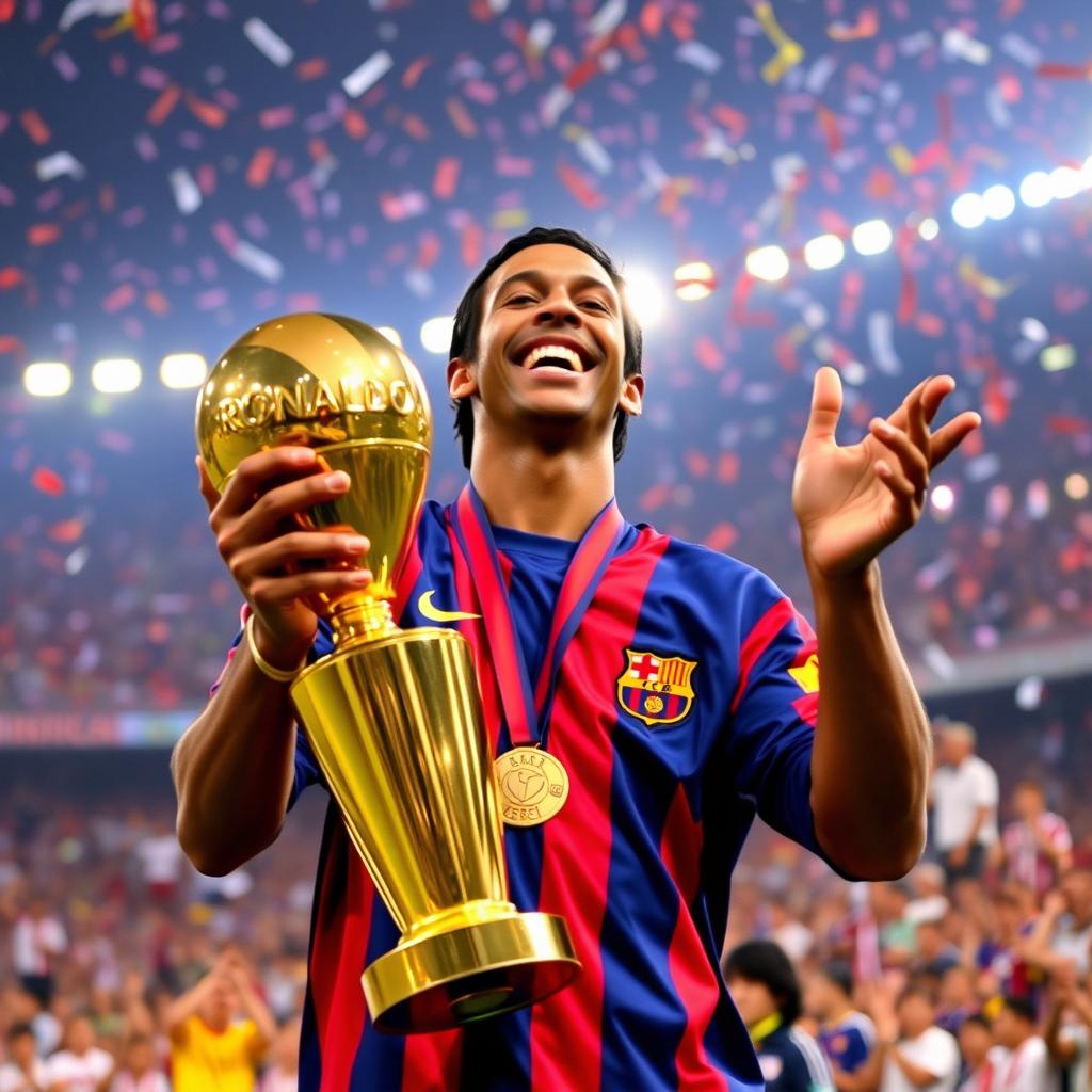 A celebratory scene featuring Ronaldinho in 2005 as he proudly holds the Ballon d'Or trophy after being awarded the prestigious title
