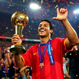 A celebratory scene featuring Ronaldinho in 2005 as he proudly holds the Ballon d'Or trophy after being awarded the prestigious title