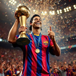 A celebratory scene featuring Ronaldinho in 2005 as he proudly holds the Ballon d'Or trophy after being awarded the prestigious title
