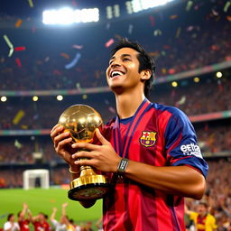 A celebratory scene featuring Ronaldinho in 2005 as he proudly holds the Ballon d'Or trophy after being awarded the prestigious title