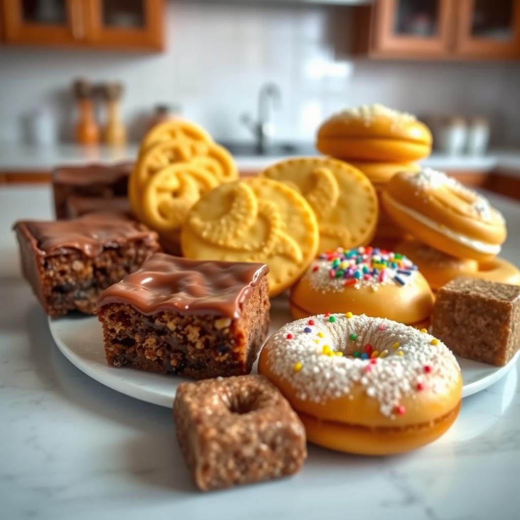 A beautifully arranged table displaying an assortment of delightful treats: rich, fudgy brownies with a glossy chocolate glaze, golden butter cookies with a delicate crumb, a fluffy watalappam topped with grated coconut, crispy murukku spirals, fluffy donuts dusted with powdered sugar and colorful sprinkles, and shiny Kiri toffee squares