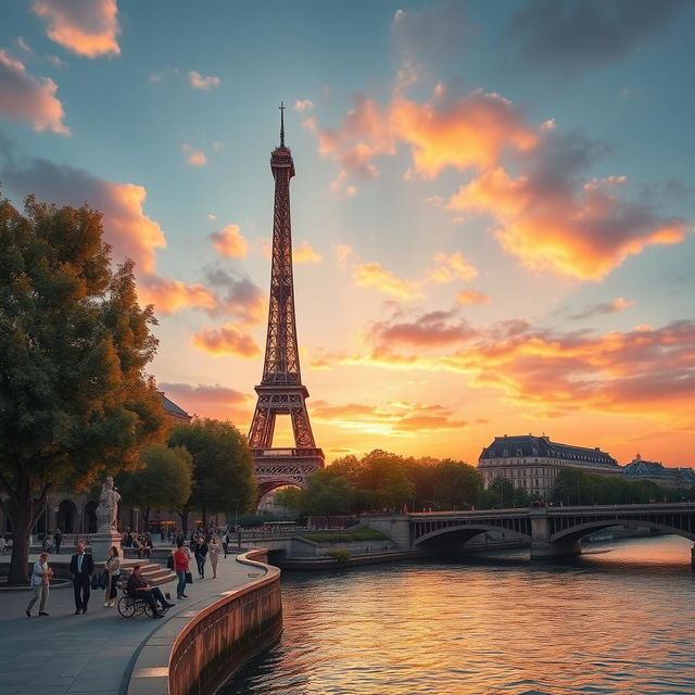 A stunning depiction of the Milad Tower creatively reimagined as if it were located in Paris, situated alongside iconic Parisian landmarks such as the Eiffel Tower and the Seine River
