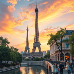 A stunning depiction of the Milad Tower creatively reimagined as if it were located in Paris, situated alongside iconic Parisian landmarks such as the Eiffel Tower and the Seine River