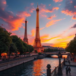A stunning depiction of the Milad Tower creatively reimagined as if it were located in Paris, situated alongside iconic Parisian landmarks such as the Eiffel Tower and the Seine River