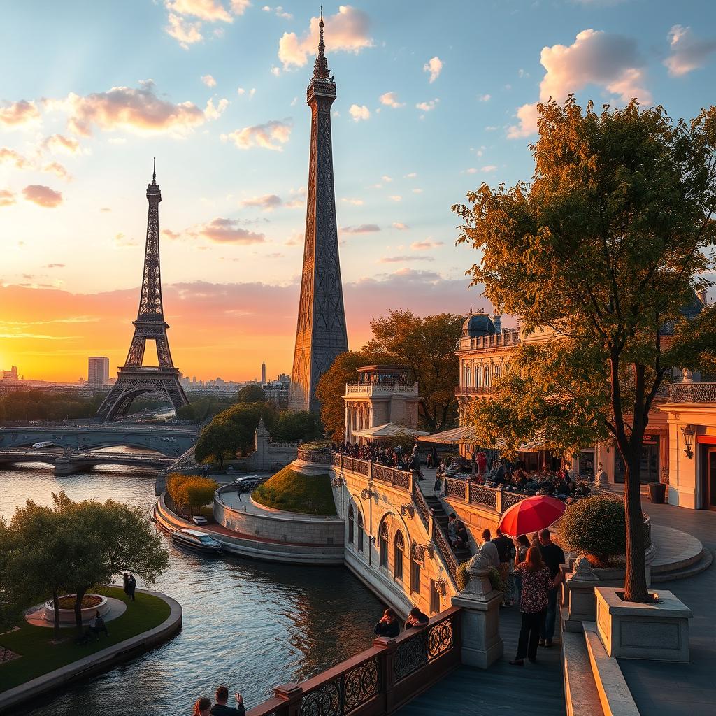 A stunning depiction of the Milad Tower creatively reimagined as if it were located in Paris, situated alongside iconic Parisian landmarks such as the Eiffel Tower and the Seine River