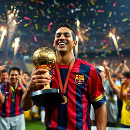 A vibrant celebration scene featuring Ronaldinho with the Ballon d'Or trophy in 2005, showcasing his pure joy and excitement after winning the award
