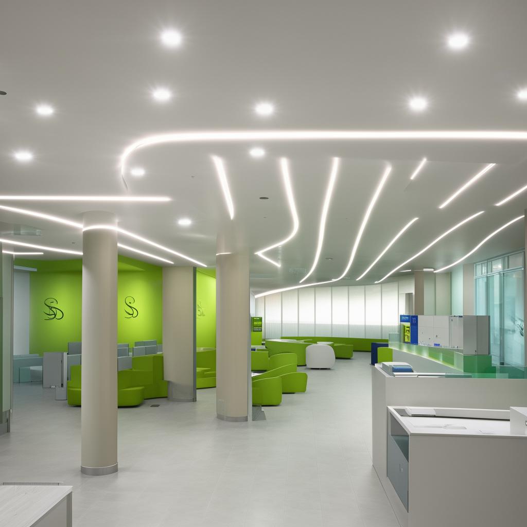 Interior view of a modern bank, highlighting the spacious and sleek design that occupies an area of 400m2