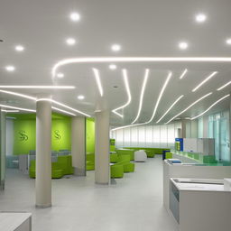 Interior view of a modern bank, highlighting the spacious and sleek design that occupies an area of 400m2