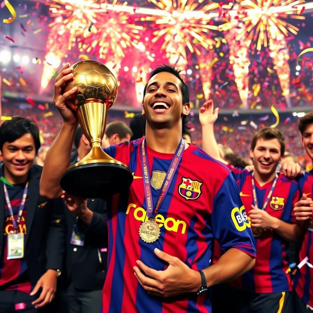 A vibrant celebration scene featuring Ronaldinho with the Ballon d'Or trophy in 2005, showcasing his pure joy and excitement after winning the award