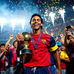 A vibrant celebration scene featuring Ronaldinho with the Ballon d'Or trophy in 2005, showcasing his pure joy and excitement after winning the award