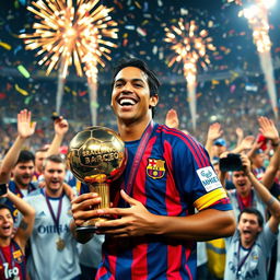 A vibrant celebration scene featuring Ronaldinho with the Ballon d'Or trophy in 2005, showcasing his pure joy and excitement after winning the award