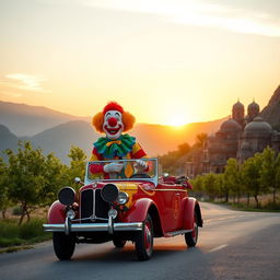 A colorful clown driving a vintage car on a scenic road in Iran, surrounded by vast mountains and traditional Persian architecture in the background