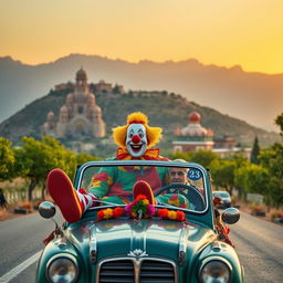 A colorful clown driving a vintage car on a scenic road in Iran, surrounded by vast mountains and traditional Persian architecture in the background
