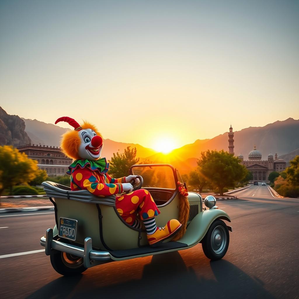 A colorful clown driving a vintage car on a scenic road in Iran, surrounded by vast mountains and traditional Persian architecture in the background