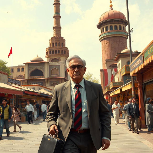 A fictional, artistic depiction of a businessman resembling a generic character inspired by political figures, exploring the vibrant streets of Tehran