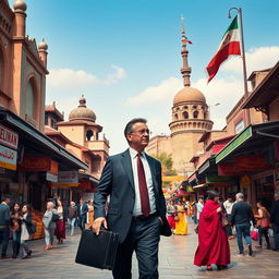 A fictional, artistic depiction of a businessman resembling a generic character inspired by political figures, exploring the vibrant streets of Tehran