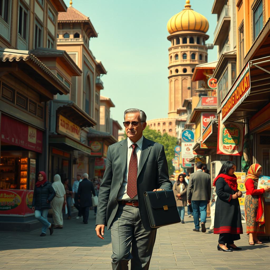 A fictional, artistic depiction of a businessman resembling a generic character inspired by political figures, exploring the vibrant streets of Tehran