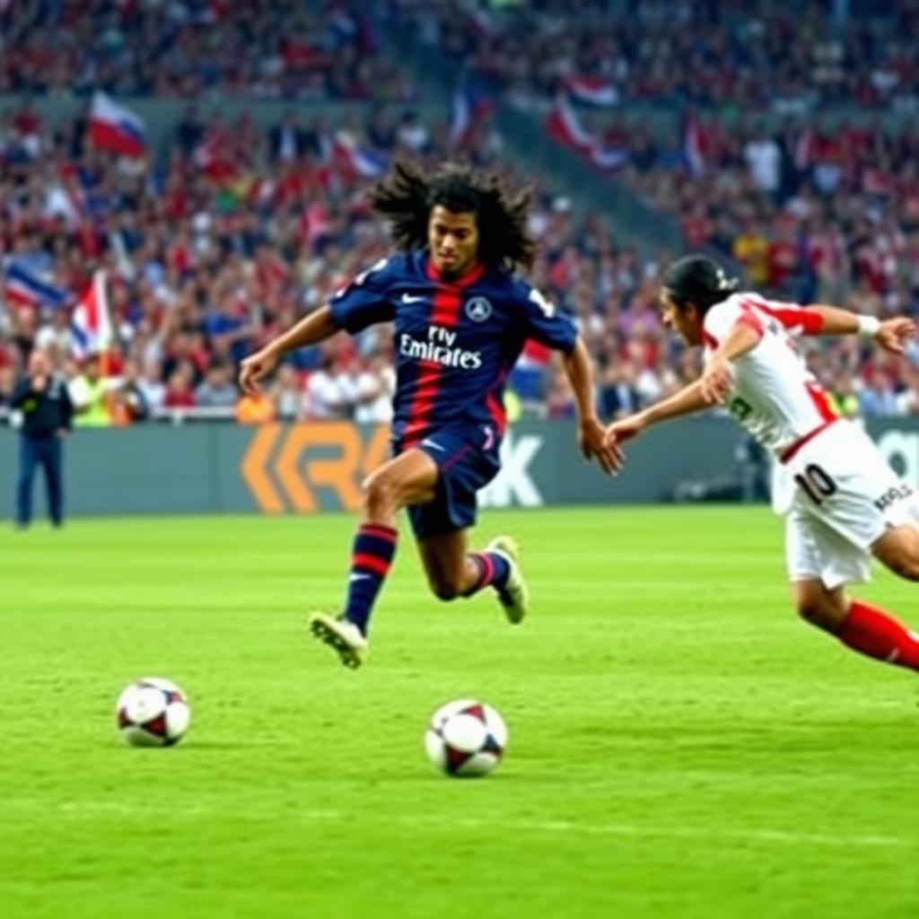 A dynamic action scene featuring Ronaldinho playing for Paris Saint Germain in 2001