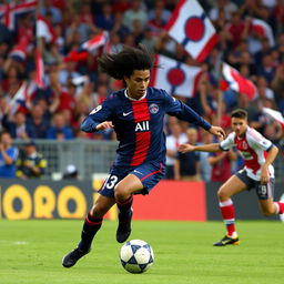 A dynamic action scene featuring Ronaldinho playing for Paris Saint Germain in 2001