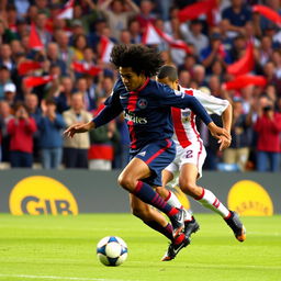 A dynamic action scene featuring Ronaldinho playing for Paris Saint Germain in 2001