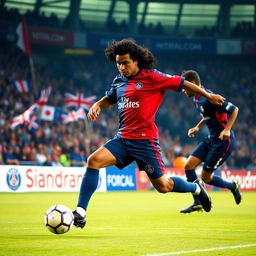 A dynamic action scene featuring Ronaldinho playing for Paris Saint Germain in 2001