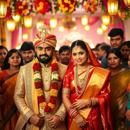 A captivating scene of an elaborate Indian wedding ceremony featuring Simbu and Nayanthara, both dressed in traditional attire