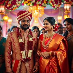 A captivating scene of an elaborate Indian wedding ceremony featuring Simbu and Nayanthara, both dressed in traditional attire