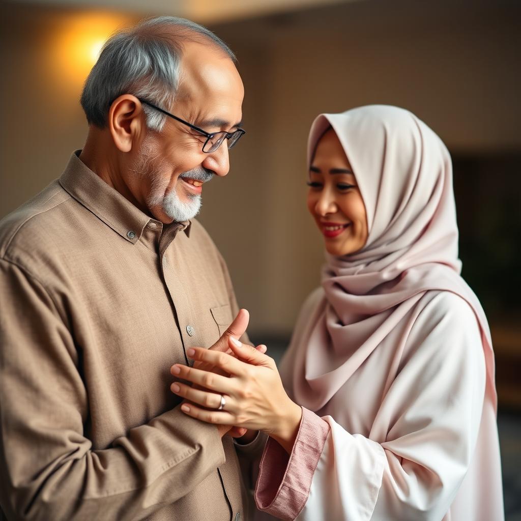 A heartwarming scene of a 30-year-old woman gently kissing her father's hands as a gesture of affection and respect