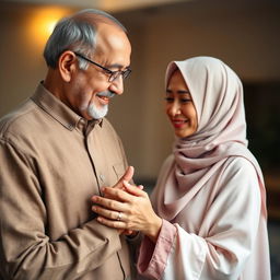 A heartwarming scene of a 30-year-old woman gently kissing her father's hands as a gesture of affection and respect