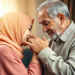 A heartwarming scene of a 30-year-old woman gently kissing her father's hands as a gesture of affection and respect