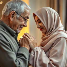 A heartwarming scene of a 30-year-old woman gently kissing her father's hands as a gesture of affection and respect