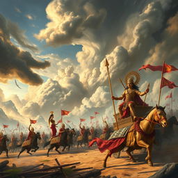A grand scene inspired by the Mahabharata, depicting a dramatic battlefield with chariots, warriors in traditional ancient Indian armor, and divine beings like Krishna guiding Arjuna