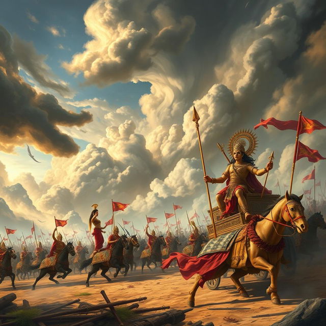 A grand scene inspired by the Mahabharata, depicting a dramatic battlefield with chariots, warriors in traditional ancient Indian armor, and divine beings like Krishna guiding Arjuna