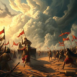 A grand scene inspired by the Mahabharata, depicting a dramatic battlefield with chariots, warriors in traditional ancient Indian armor, and divine beings like Krishna guiding Arjuna