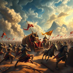 A grand scene inspired by the Mahabharata, depicting a dramatic battlefield with chariots, warriors in traditional ancient Indian armor, and divine beings like Krishna guiding Arjuna