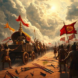 A grand scene inspired by the Mahabharata, depicting a dramatic battlefield with chariots, warriors in traditional ancient Indian armor, and divine beings like Krishna guiding Arjuna