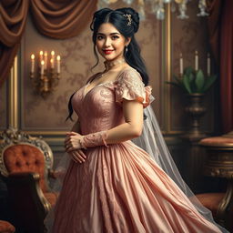 A luxurious portrait of Anna, a 19-year-old voluptuous female royal from a Victorian fantasy era, exuding elegance and charm