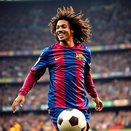 A captivating portrait of Ronaldinho during his iconic time at FC Barcelona, showcasing his signature style and flair on the pitch