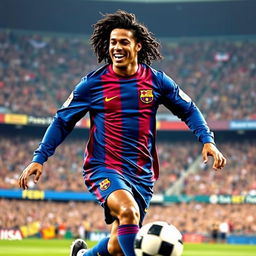 A captivating portrait of Ronaldinho during his iconic time at FC Barcelona, showcasing his signature style and flair on the pitch