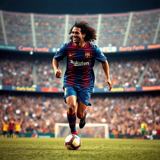 A captivating portrait of Ronaldinho during his iconic time at FC Barcelona, showcasing his signature style and flair on the pitch