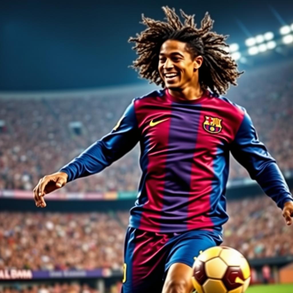 A captivating portrait of Ronaldinho during his iconic time at FC Barcelona, showcasing his signature style and flair on the pitch