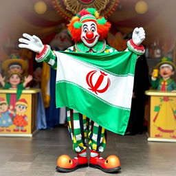 A whimsical clown proudly holding the Iranian flag, standing in a festive atmosphere