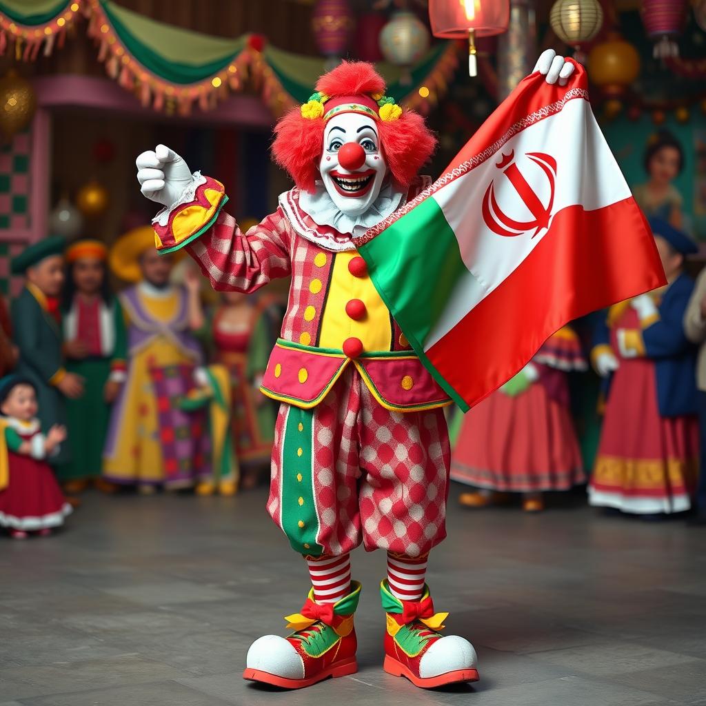 A whimsical clown proudly holding the Iranian flag, standing in a festive atmosphere