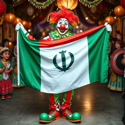 A whimsical clown proudly holding the Iranian flag, standing in a festive atmosphere