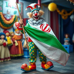 A whimsical clown proudly holding the Iranian flag, standing in a festive atmosphere