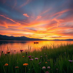 A stunning landscape with a vibrant sunset over a tranquil lake, with mountains in the background silhouetted against the colorful sky