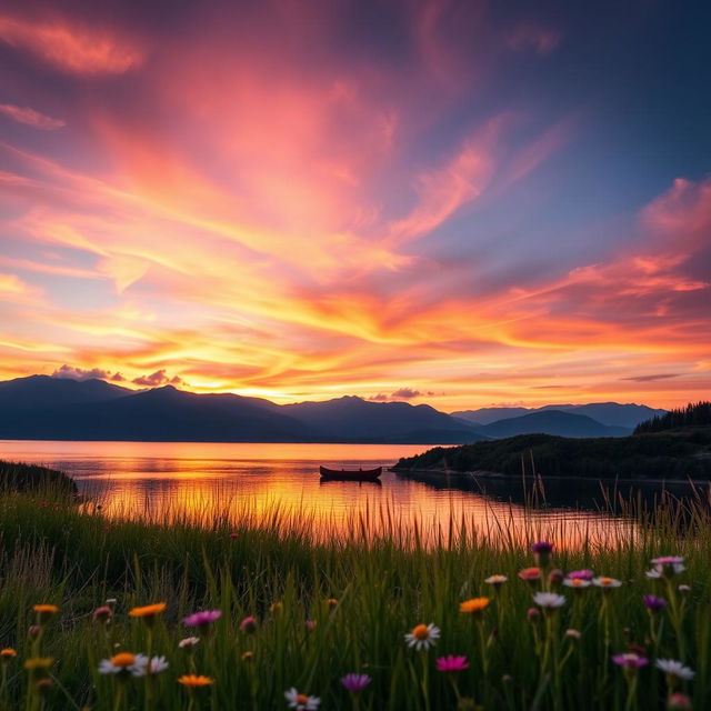 A stunning landscape with a vibrant sunset over a tranquil lake, with mountains in the background silhouetted against the colorful sky